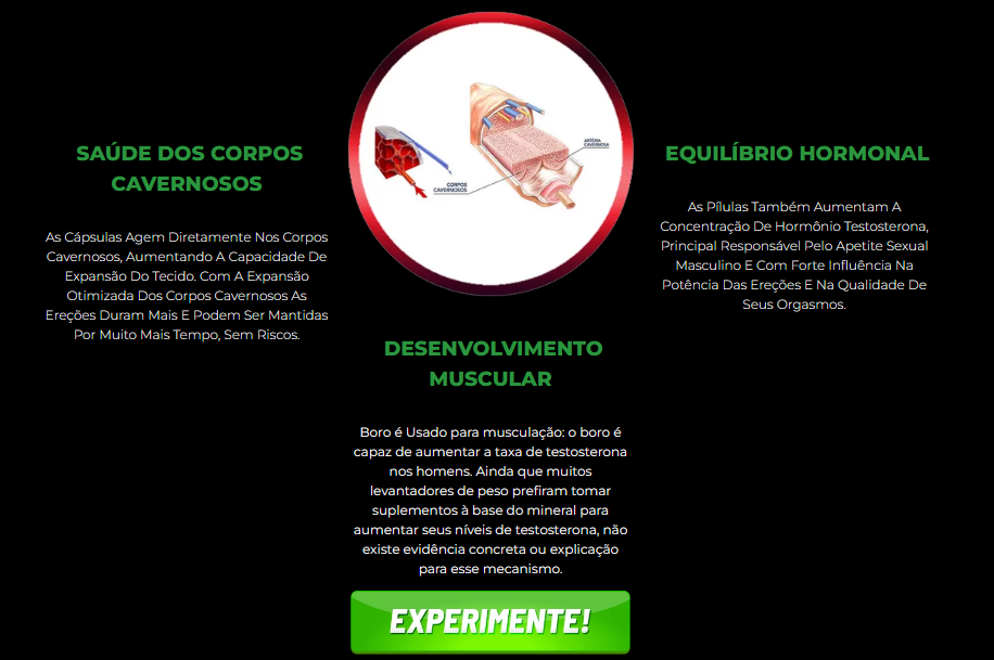 Maca peruana com boro  funciona na saude dos corpos cavernosos, fazendo com que as ereções durem por mais tempo. Proporciona equilibrio hormonal, responsável pelo apetite sexual e na qualidade dos orgasmos. Melhora o desenvolvimento muscular, porque o boro é capaz de aumentar a taxa de testosterona.