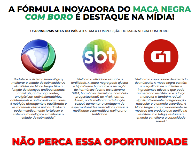 Fórmula inovadora do Maca Peruana com boro está nas mídias., Record, SBT e G1.